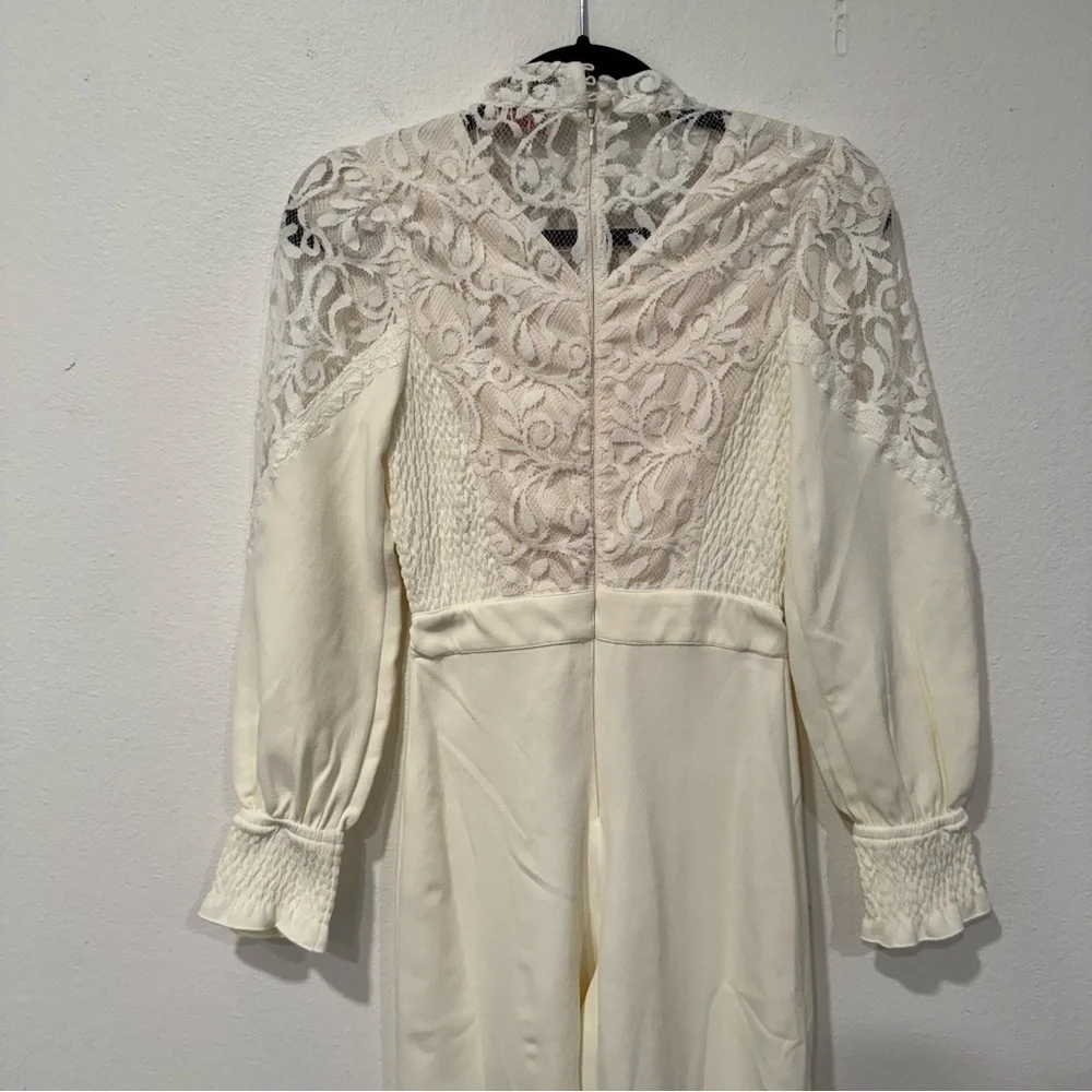 Ivy City Co Colette Cream Long Sleeve High Neck Lace Jumpsuit XXS